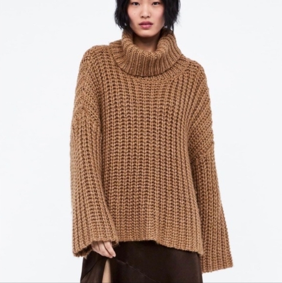 Zara oversized chunky knit sweater turtleneck brown medium - Picture 1 of 10